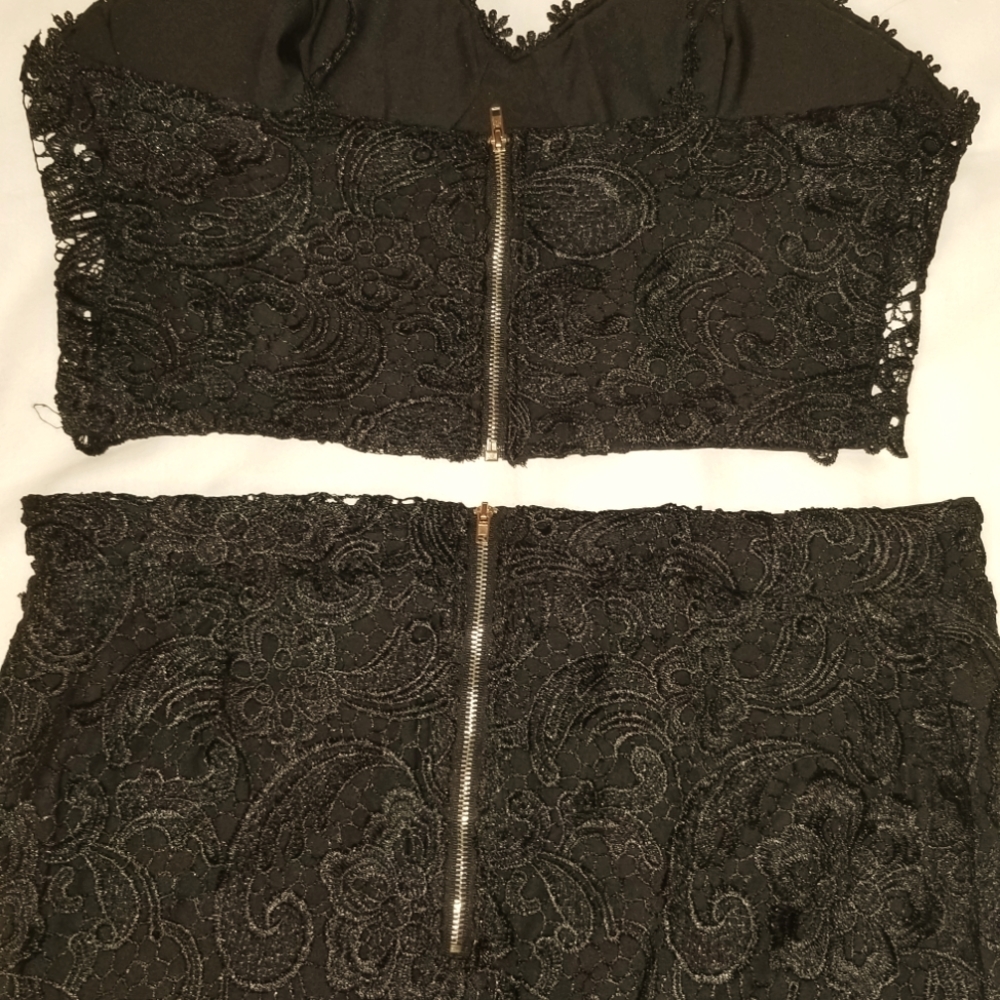 Black crochet lace zipper two-piece bustier and skirt